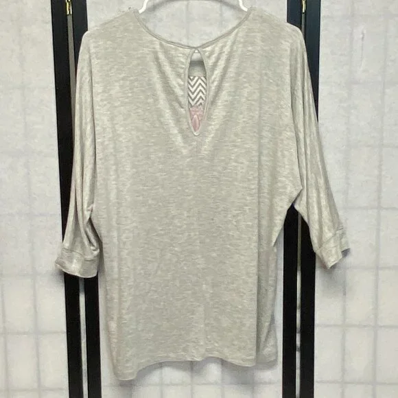 Bobeau Oversize Inset Print Front Keyhole Back Tunic Grey S Long Dolman Sleeve - Picture 2 of 13